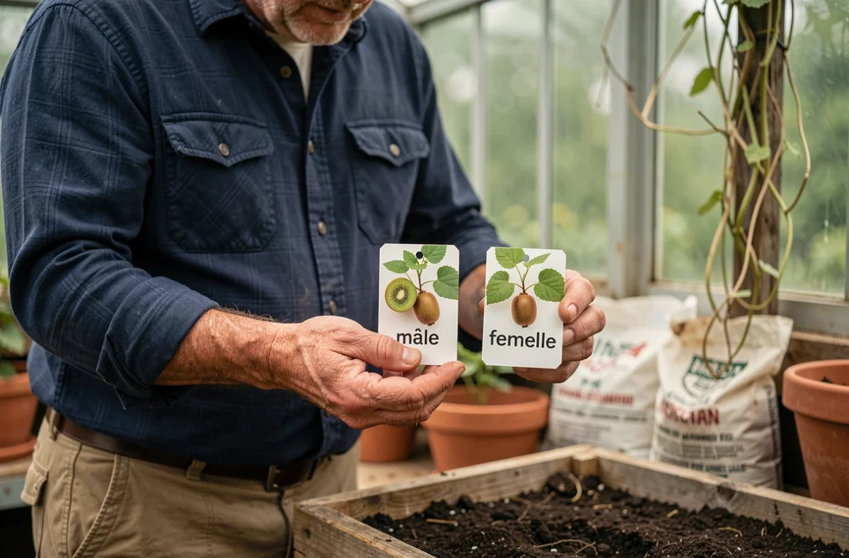 Jardinier tenant des étiquettes de plants de kiwi mâle et femelle dans une serre