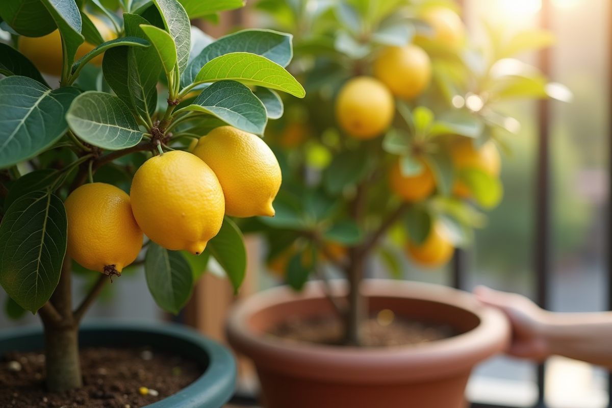 Arbre à citron en pot sur balcon ensoleille avec feuilles vertes et citrons