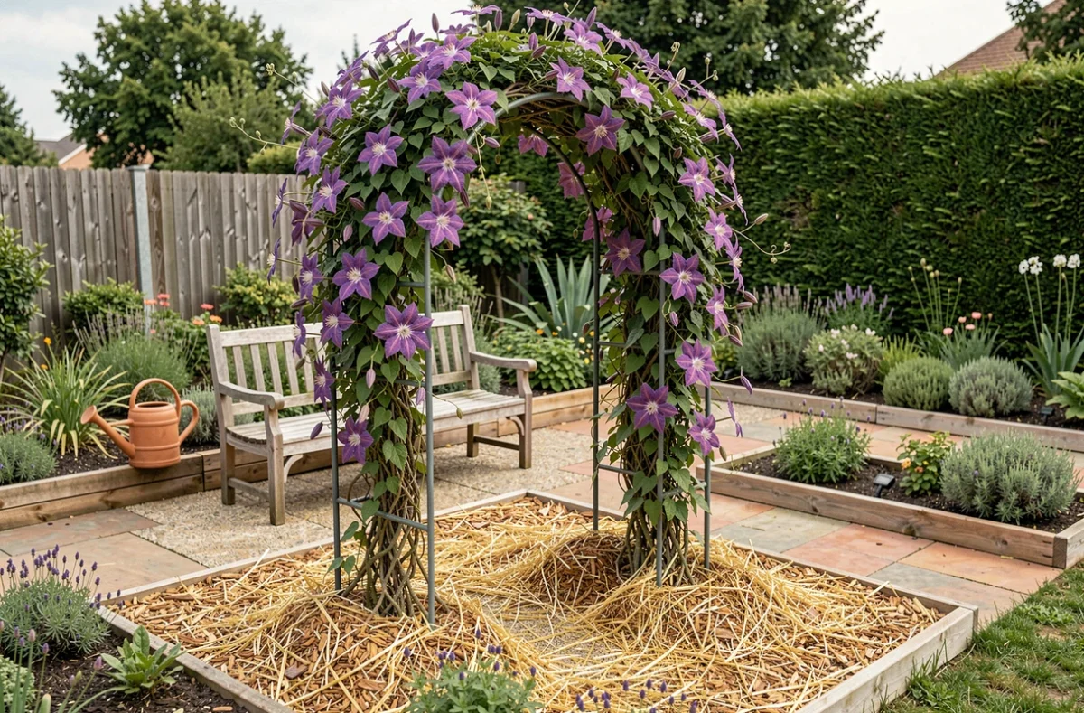 Clématite protégée de la canicule avec un paillage efficace sous une arche de jardin ombragée