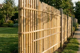 Clôture en bambou Phyllostachys installée le long d'une bordure de jardin avec poteaux en bois et cordage naturel