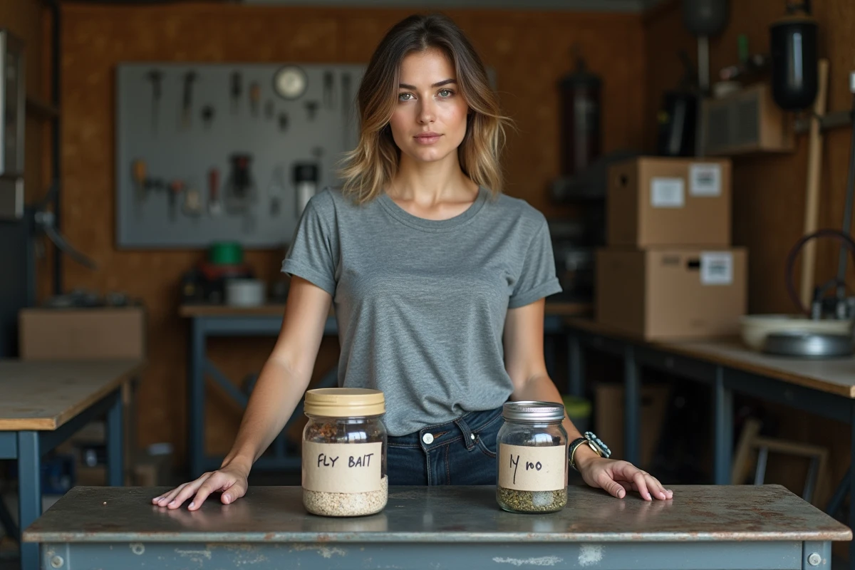 Femme comparant un appât mouches artisanal et un piège commercial dans un atelier de garage pour trouver la solution la plus efficace