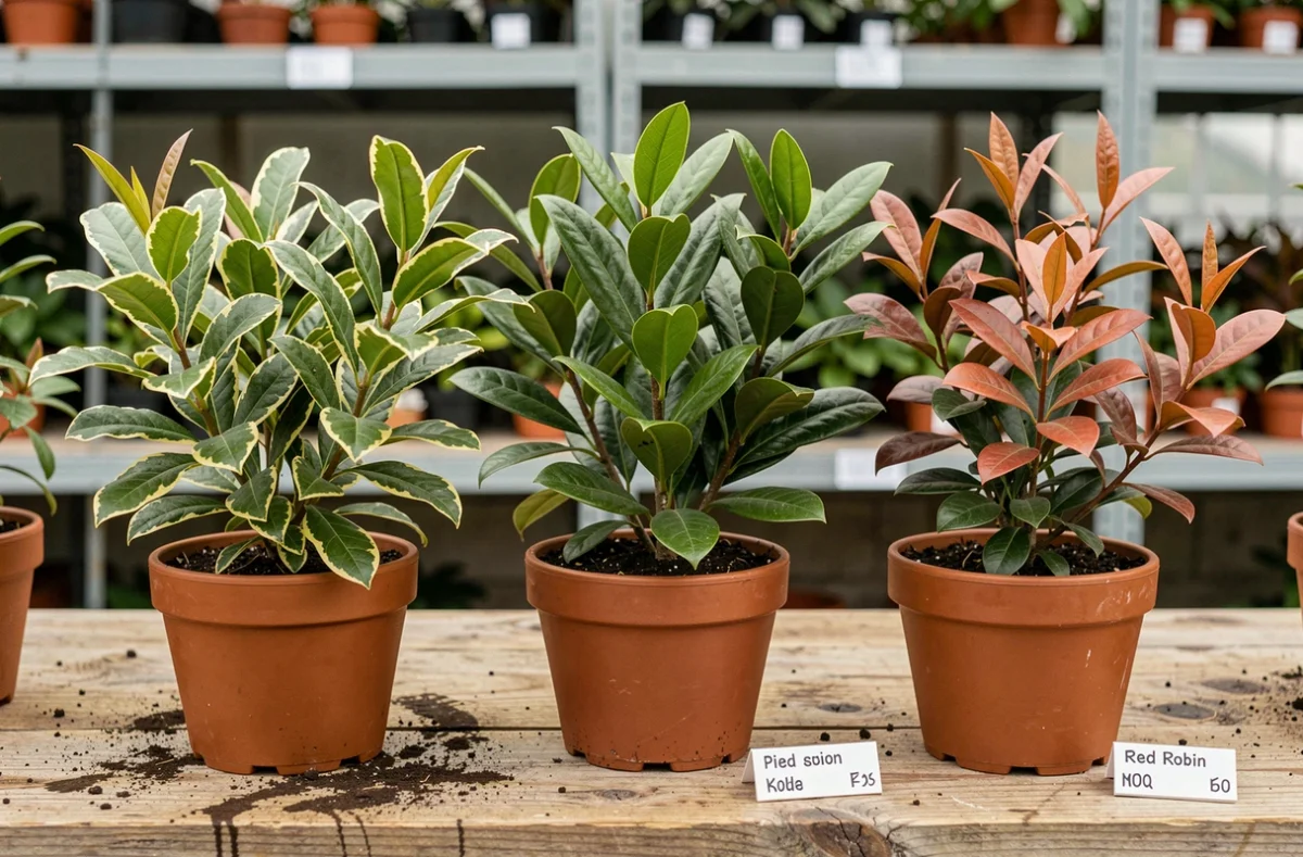 Comparaison en pots de pépinière du Pittosporum Kohuhu, du laurier et du photinia Red Robin côte à côte sur un établi en bois