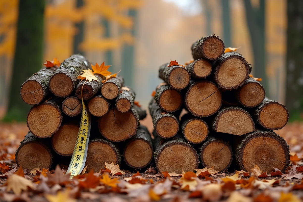 Comparaison de deux stères de bois empilés différemment en forêt, montrant la différence de volume apparent entre un empilage serré et un empilage lâche