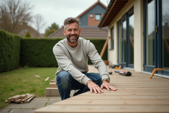 Homme souriant posant des planches de terrasse en bois