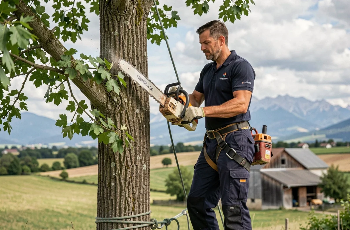 Élagueur de DD Elagage en action sur un peuplier dans une propriété rurale de Haute-Garonne avec vue sur les coteaux
