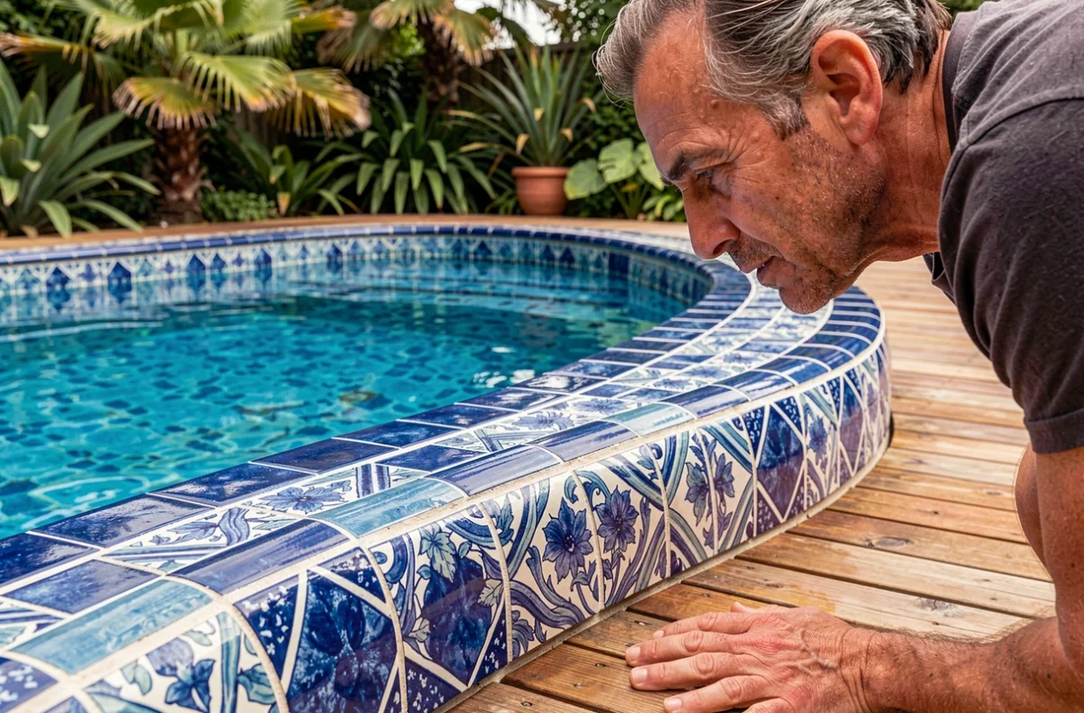 Piscine en mosaïque aux formes organiques réalisée par De Melo Piscines dans un jardin de Gironde