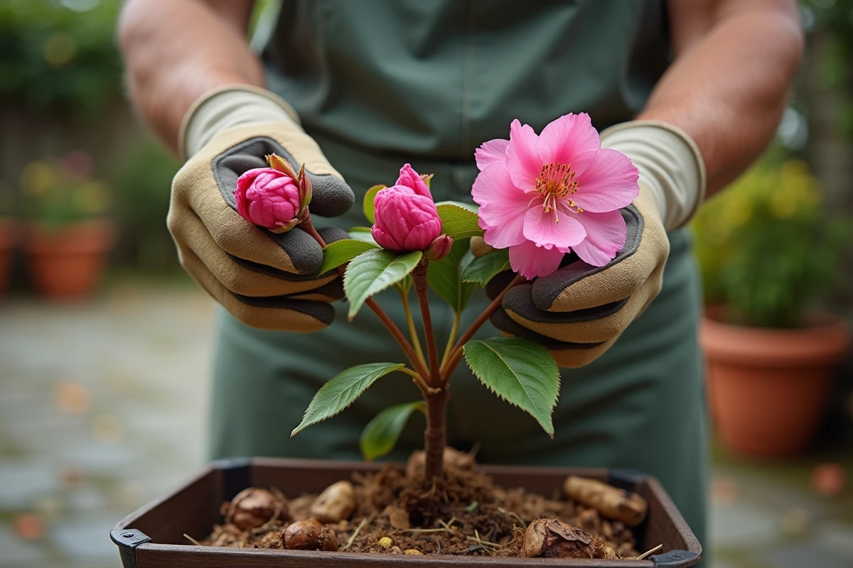 Gros plan de mains gantées tenant des tiges de rhododendron fanées au-dessus d'un panier de jardinage en bois