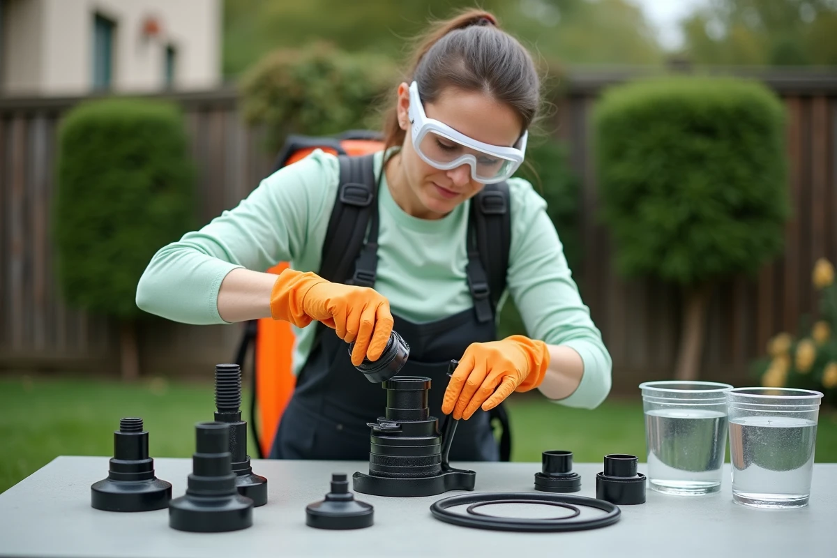 Femme démontant les composants d'un pulvérisateur dorsal pour nettoyage après utilisation d'un désherbant