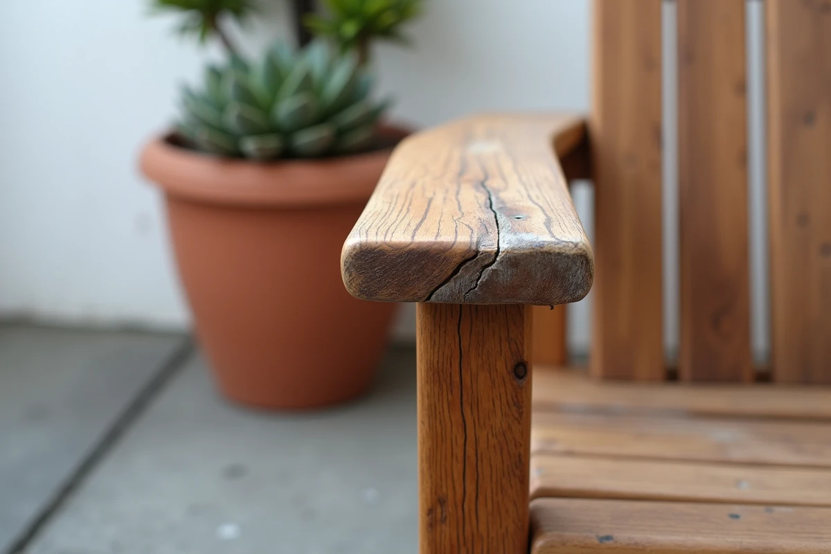 Détail en gros plan du grain de bois teck d'un fauteuil de jardin avec patine naturelle et pot en terre cuite