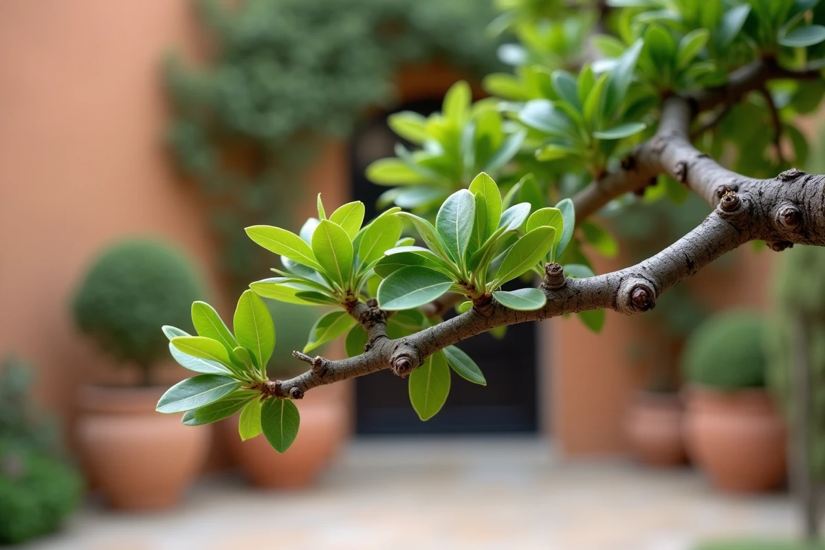 Gros plan sur les branches et coussinets de feuillage d'un arbre à crevette en cours de taille en nuage sur une terrasse provençale