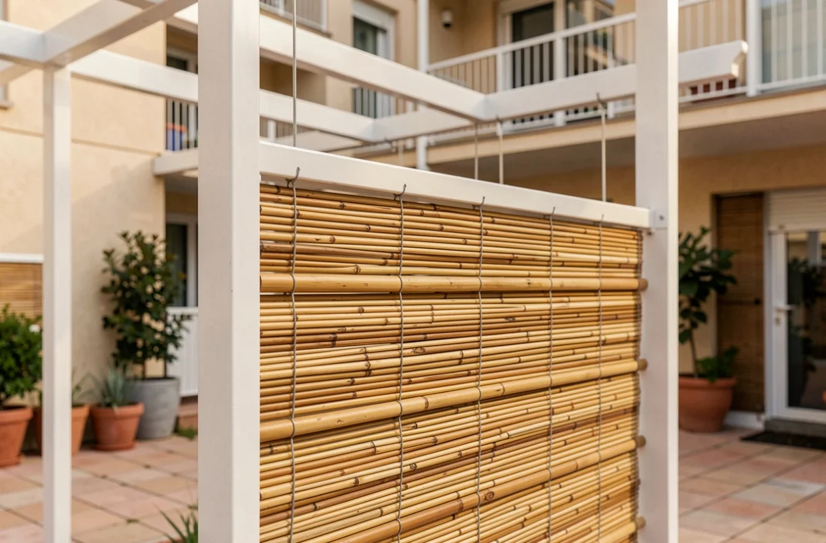 Détail d'une canisse en roseau fixée sur une pergola blanche dans la cour d'une copropriété