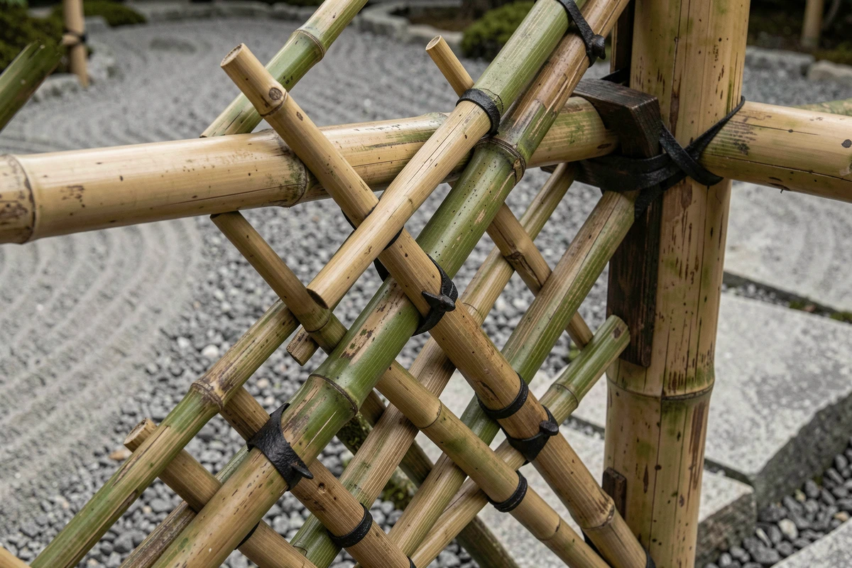 Détail de clôture en bambou Moso de qualité supérieure avec motif décoratif et finition laquée dans un jardin zen