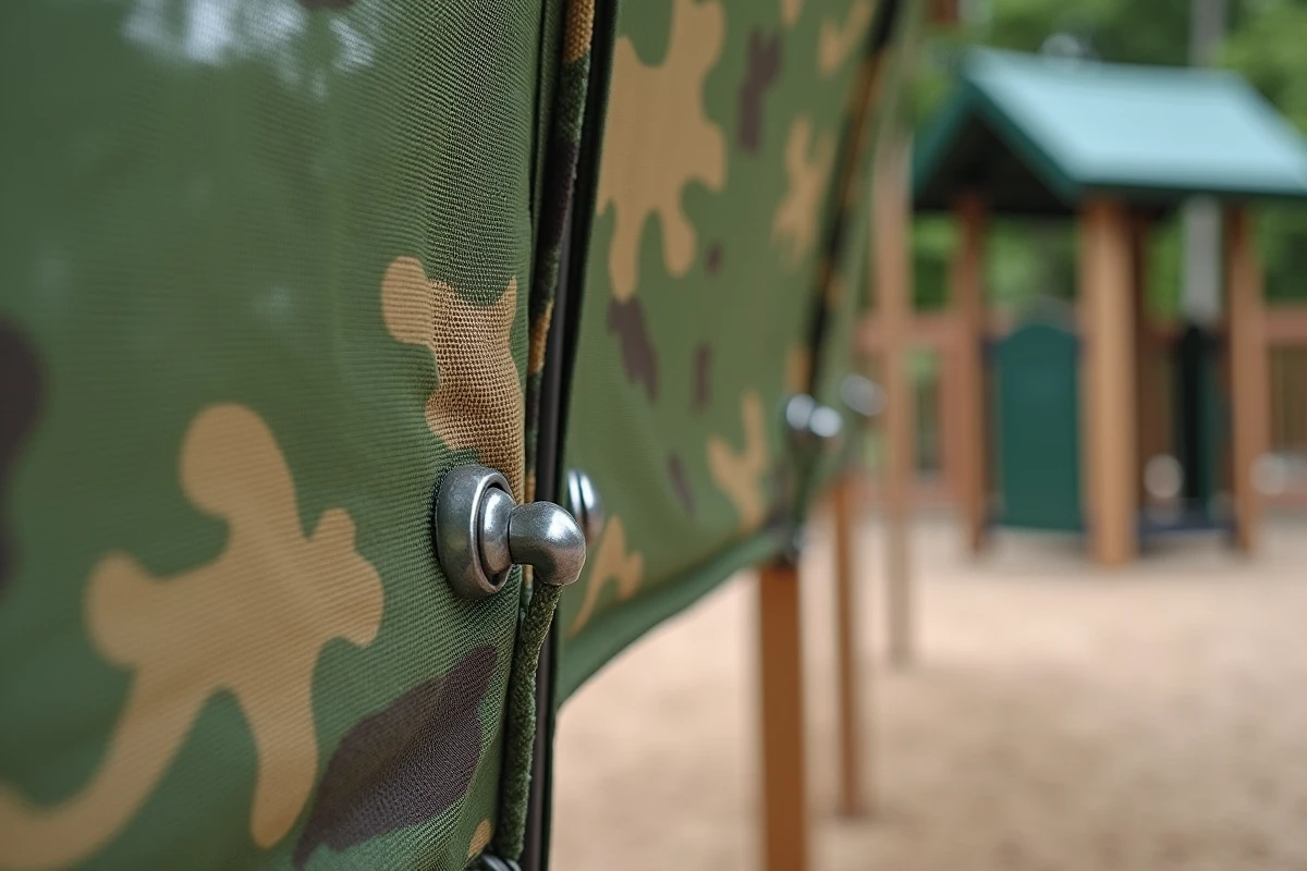 Gros plan sur les œillets et attaches d'un filet de camouflage ombrage fixé à un poteau métallique galvanisé