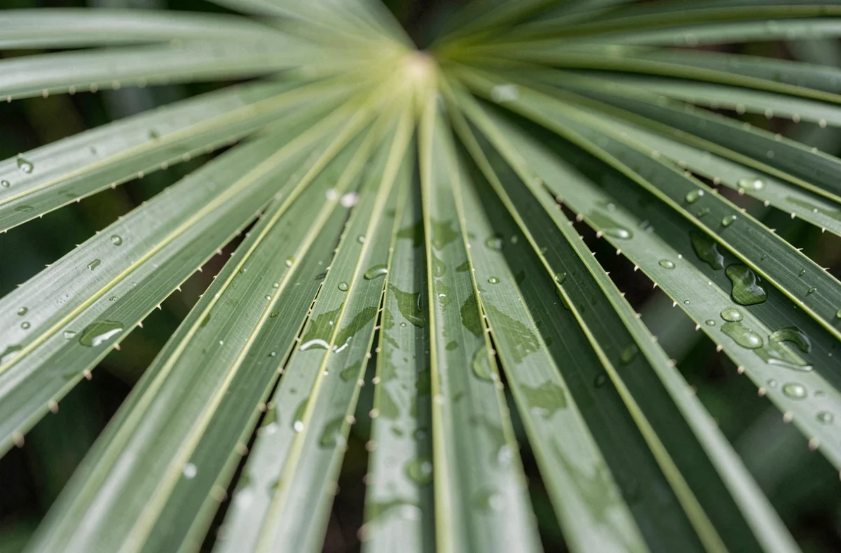 Détail botanique des palmes en éventail du Trachycarpus avec nervures fines et gouttelettes d'eau