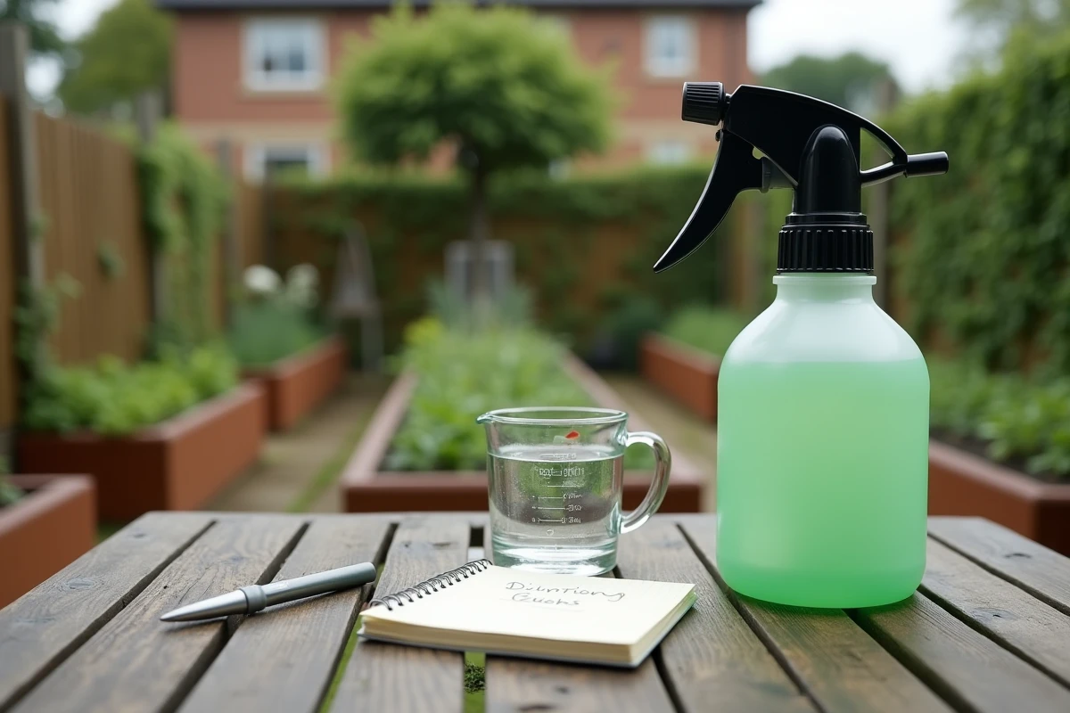 Matériel de dilution du glyphosate posé sur une table en bois dans un jardin potager, avec doseur gradué et notes manuscrites