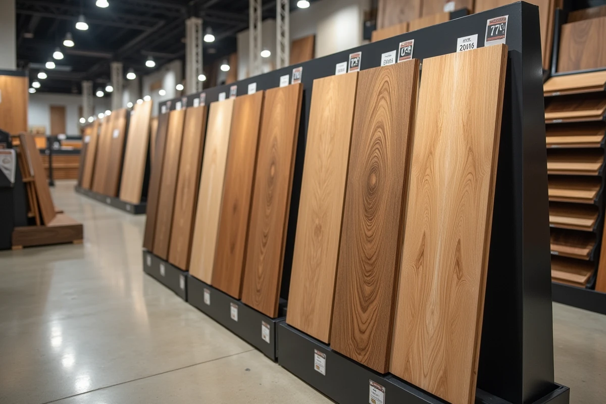 Présentoir de showroom avec échantillons de parquet massif en chêne aux différentes finitions et étiquettes de prix, magasin de revêtements de sol