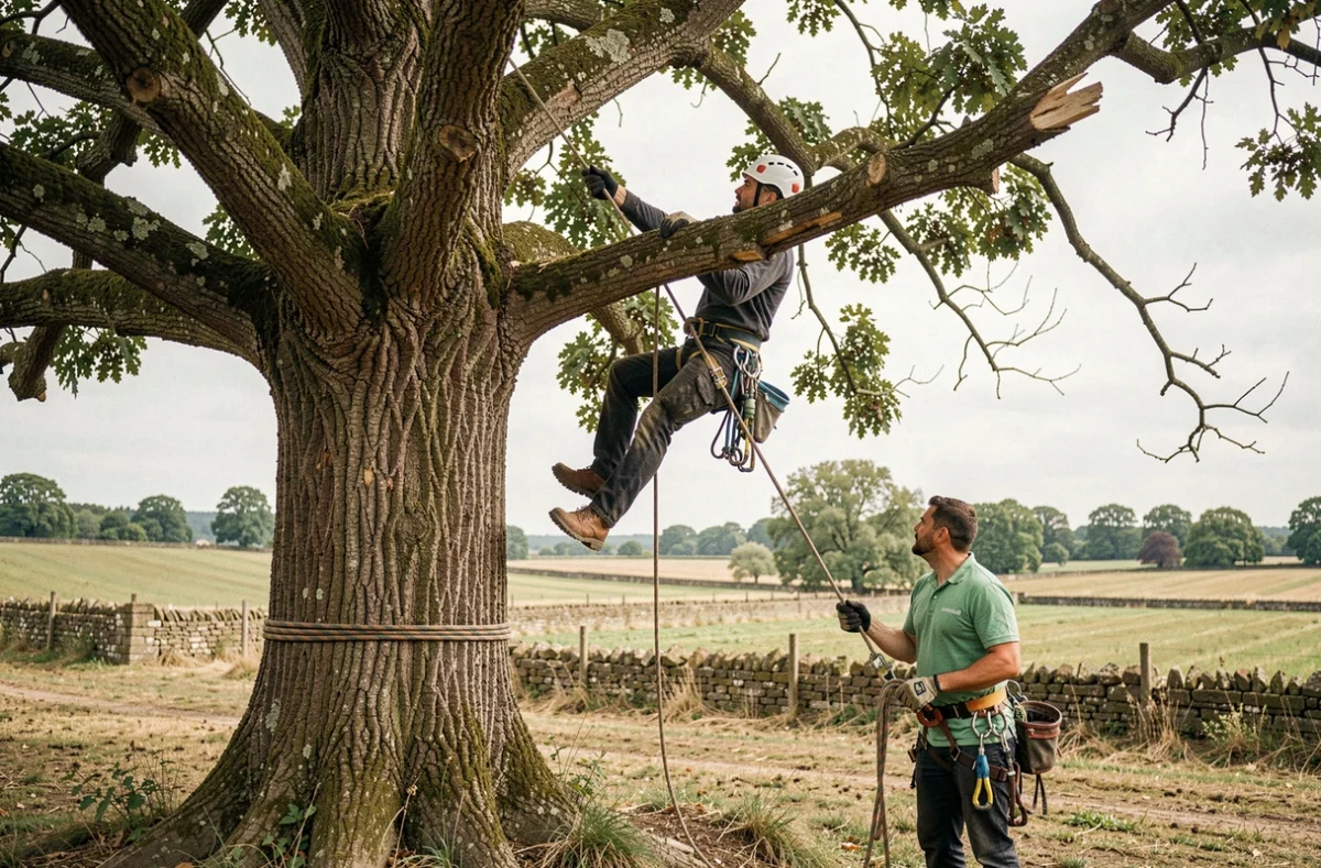 Deux élagueurs d'Elag'Arbres 31 retirant une grosse branche morte d'un marronnier en Haute-Garonne avec mur en pierre typique en arrière-plan