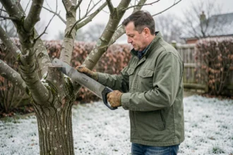 Élagueur professionnel taillant un chêne dormant en hiver dans un jardin couvert de givre
