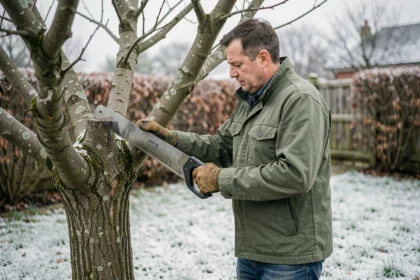 Élagueur professionnel taillant un chêne dormant en hiver dans un jardin couvert de givre