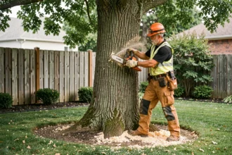 Élagueur professionnel en équipement de protection abattant un grand chêne dans un jardin résidentiel