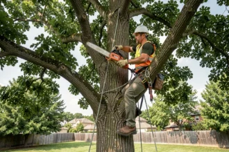 Élagueur grimpeur professionnel en harnais et casque orange grimpant un grand chêne avec une tronçonneuse dans un jardin résidentiel
