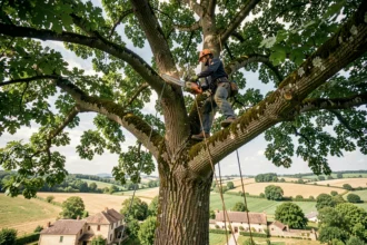 Élagueur professionnel travaillant en hauteur dans un grand chêne en Haute-Garonne, avec équipement de sécurité et tronçonneuse