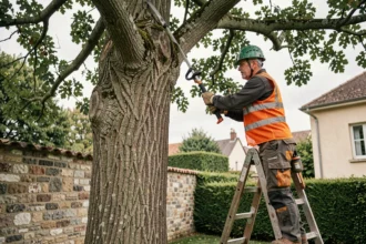Élagueur professionnel taillant un grand chêne dans un jardin résidentiel français avec une perche élagueuse