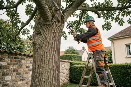 Élagueur professionnel taillant un grand chêne dans un jardin résidentiel français avec une perche élagueuse