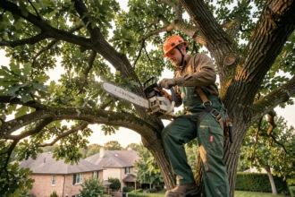 Élagueur professionnel en hauteur dans un arbre effectuant des travaux d'élagage avec tronçonneuse et équipement de sécurité complet