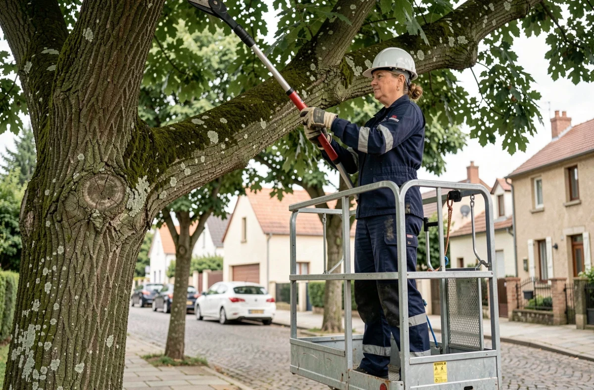 Élagueur sur nacelle réalisant une taille d'arbre en hauteur dans une rue résidentielle avec équipement de sécurité