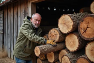 Homme empilant du bois de chauffage fendu contre une grange en bois, illustrant la notion de stère et de mètre cube empilé