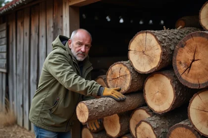 Homme empilant du bois de chauffage fendu contre une grange en bois, illustrant la notion de stère et de mètre cube empilé