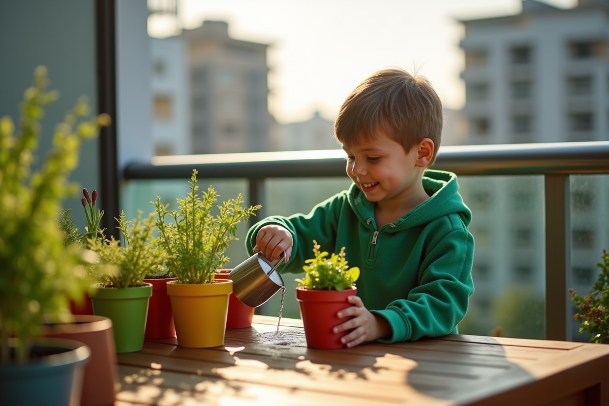 Un enfant arrosant des plantes en pot sur un balcon urbain