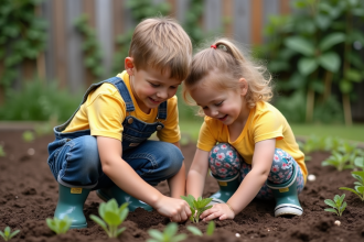 Deux enfants plantant des jeunes pousses dans un jardin familial