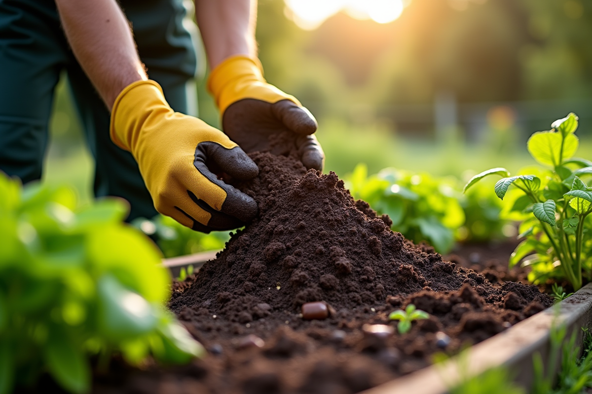 Engrais composté épandu sur un jardin potager verdoyant