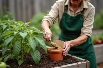 Femme jardinière appliquant de l'engrais granulaire au pied d'un plant de tomate dans un potager surélevé en bois