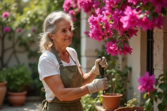 Femme qui taille un bougainvillier sur une terrasse méditerranéenne avec des gants de jardinage