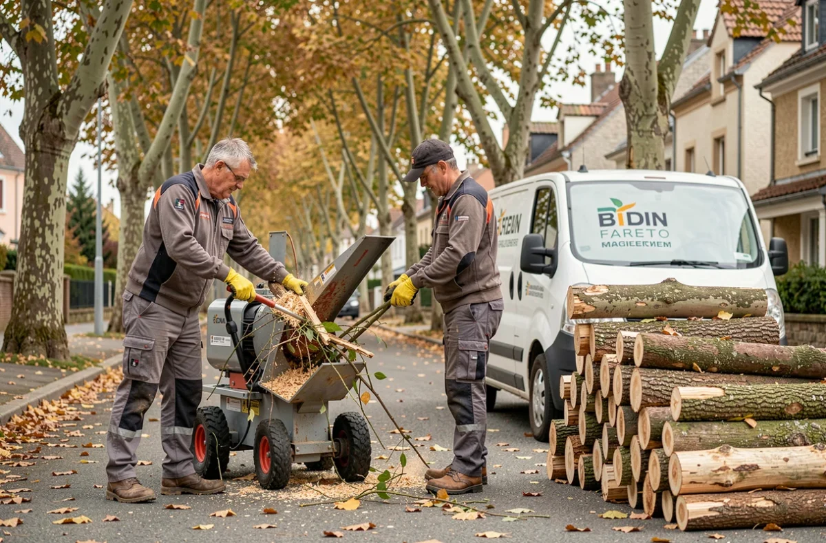 Équipe d'élagueurs traitant les branches coupées avec un broyeur de végétaux dans une rue française