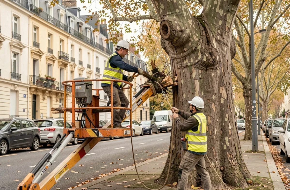 Deux élagueurs travaillant en équipe sur un platane en milieu urbain à Mérignac