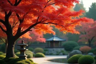 Érable du Japon aux feuilles rouge-orangé dans un jardin japonais traditionnel avec lanterne en pierre et allée en gravier ratissé