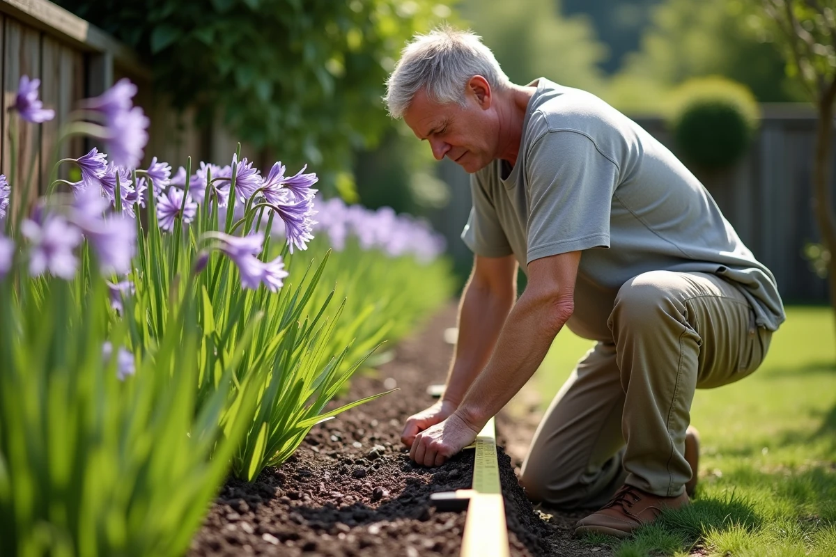 Homme espaçant des plants d'agapanthe en rangée dans un massif de jardin avec un cordeau de plantation
