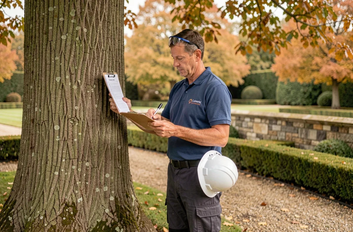Expert en élagage inspectant un grand hêtre dans un jardin privé et prenant des notes pour un devis de travaux arboricoles