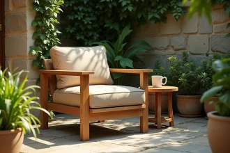Fauteuil de jardin en teck naturel posé sur une terrasse en pierre avec plantes vertes et ambiance cosy