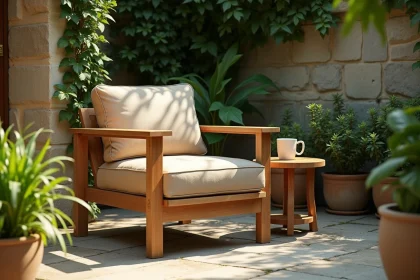 Fauteuil de jardin en teck naturel posé sur une terrasse en pierre avec plantes vertes et ambiance cosy