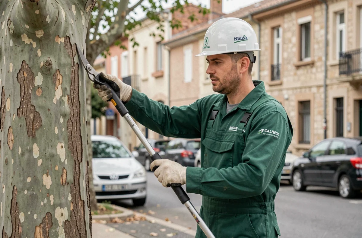 Élagueur de Feltain Elagage en tenue de travail verte taillant un platane dans une rue résidentielle de la banlieue toulousaine