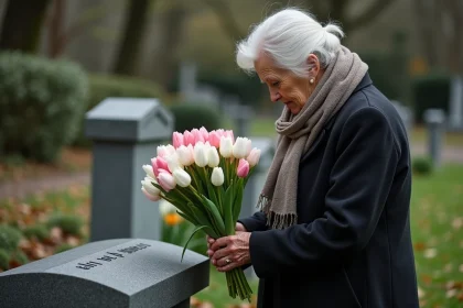 Femme âgée déposant des tulipes blanches et roses au cimetière