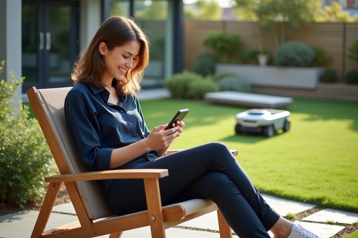 Jeune femme utilisant une application pour contrôler la tonde robot