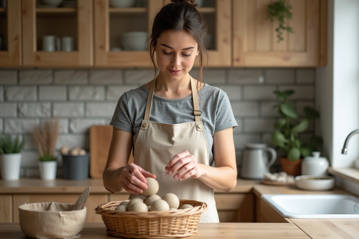 Femme versant des billes d'argile dans un panier en osier dans une cuisine scandinave pour prévenir la moisissure et les odeurs