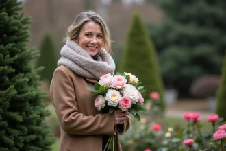 Femme souriante avec bouquet de camellias en hiver