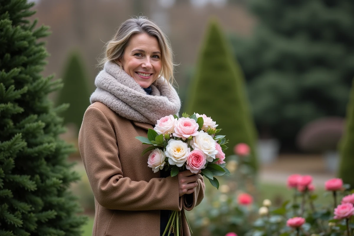 Femme souriante avec bouquet de camellias en hiver
